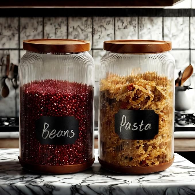 SAIOOL 2-Pack Striped Borosilicate Glass Airtight Canisters - Big mouth Large Capacity, Acacia Wood Lid, Food Storage Jars for Flour, Pasta, Pantry Organization (1 Gallon （2 Striped pack）)