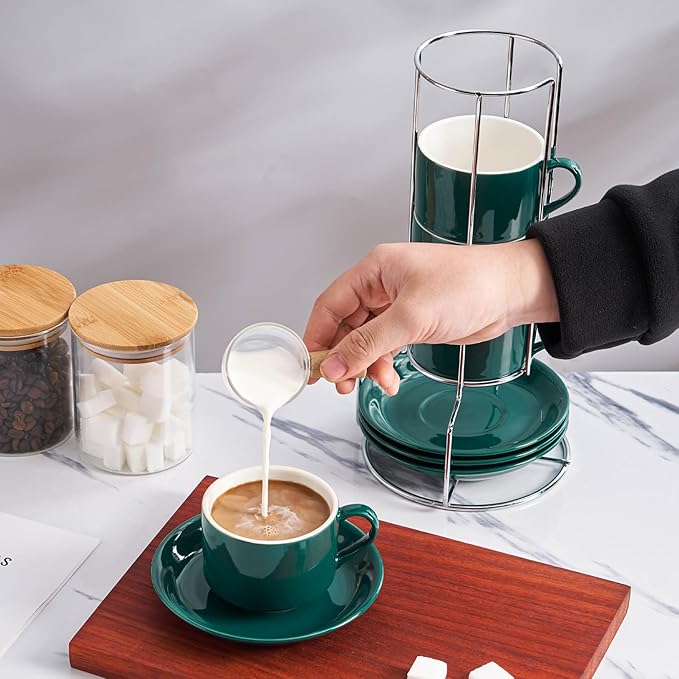 8 Ounce Porcelain Cappuccino Cups with Saucers and Silver Stand, Green Cups Set of 4