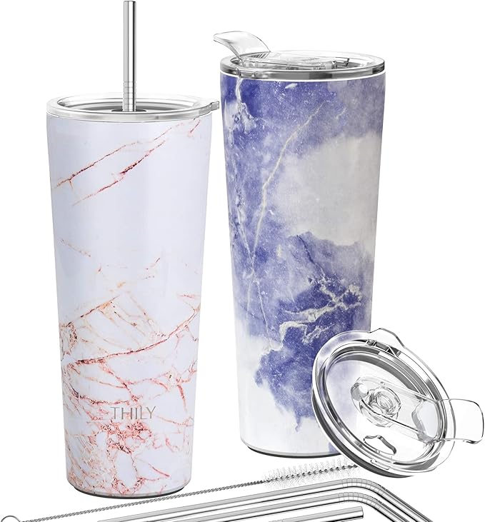 THILY Stainless Steel Vacuum Insulated Tumbler 26 oz Triple-Insulated Travel Mug with Splash-Proof Lid, for Iced Coffee and Hot Beverage, Gold Marble + Blue Marble