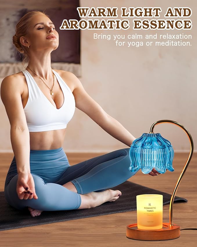 Flower Candle Warmer Lamp with Timer, Blue Candle Lamp Warmer, Birthday Gifts for Women, Mom, Wife, Dimmable Glass Lamp Candle Light Gifts, Aromatic Candle Wax Warmer for Vintage Livingroom Decor