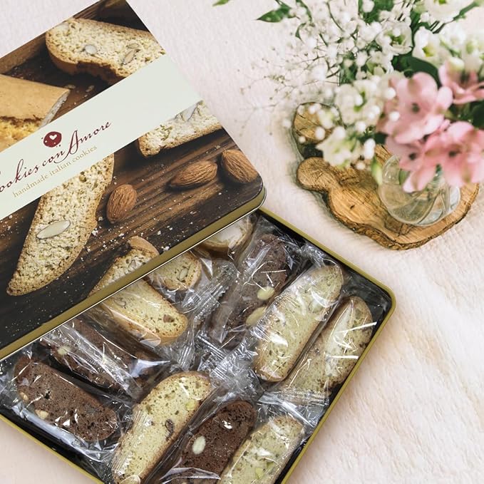 Italian Biscotti Cookie Gift Box, 30+ Pieces Individually Wrapped Gourmet Biscotti - 2Lb Square Tin with Authentic Italian Cookies for Holliday Gifting, Coffee Pairing, and Christmas Celebrations