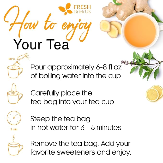 FreshDrinkUS, Premium 35 Tulsi Lemon Ginger Tea Bags, 100% Natural & Pure from Tulsi Holy Basil Leaves, Lemon and Ginger. Made with Natural Material Tea Bags. No Sugar, No Caffeine, Vegan.