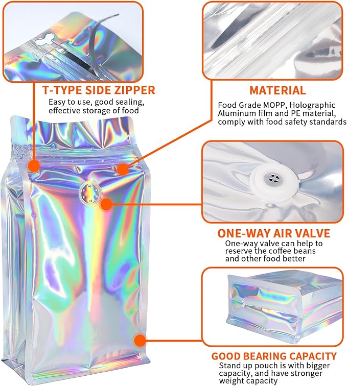 Coffee Bags with Valve (50 PCS,16oz/1lb) Holographic High Barrier Aluminum Foil Flat Bottom Standing Coffee Beans Storage Packaging Bags, Reusable Heat Seal Side Zipper Pouches for Small Business