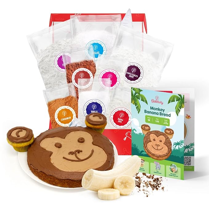 BAKETIVITY Monkey Banana Bread Kids Baking Kit | Banana Cake Kids Baking Set for Girls & Boys | Baking Set for Kids with Pre-Measured Ingredients | Perfect Family Gifts for Cooking Lovers Ages 6-12