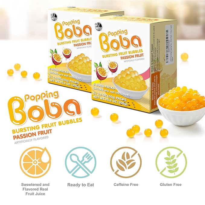 J WAY Bursting Popping Passion Fruit Boba Pearls, Passion Fruit Syrup, Non-Dairy, Fat-Free Popping Tapioca Boba for Beverages, Sweets, Ice Cream, 1.8oz (Pack of 6)