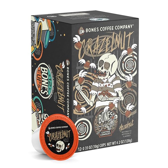 Bones Coffee Company Crazelnut, Hazelnut Flavored Coffee Pods, Low Acid Medium Roast Single-Serve Bones Cups, Compatible with 1.0 & 2.0 K-Cups Brewers Coffee Maker, 12 Count