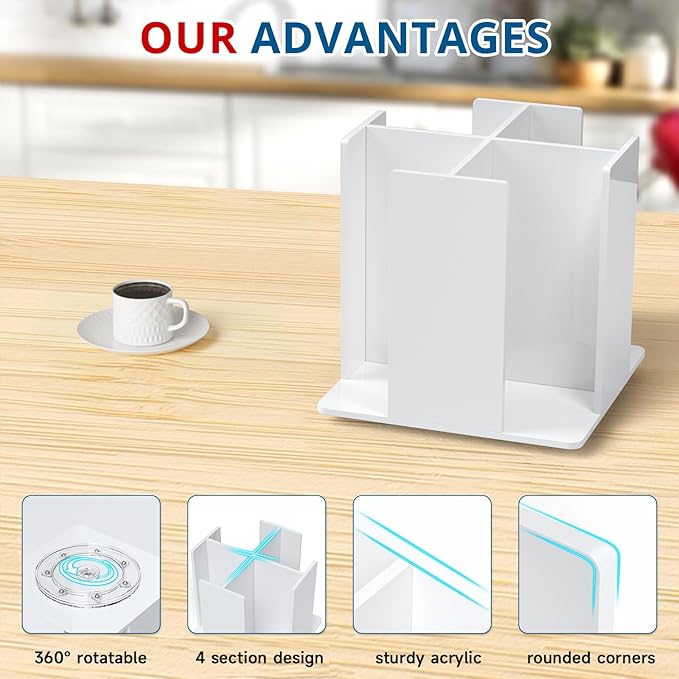 Cup and Lid Holder, 4 Compartment, Square | Rotating Coffee Cup Dispenser Lid Carousel for Restaurant, Buffet, Coffee Station, Bar, Countertop, White Acrylic