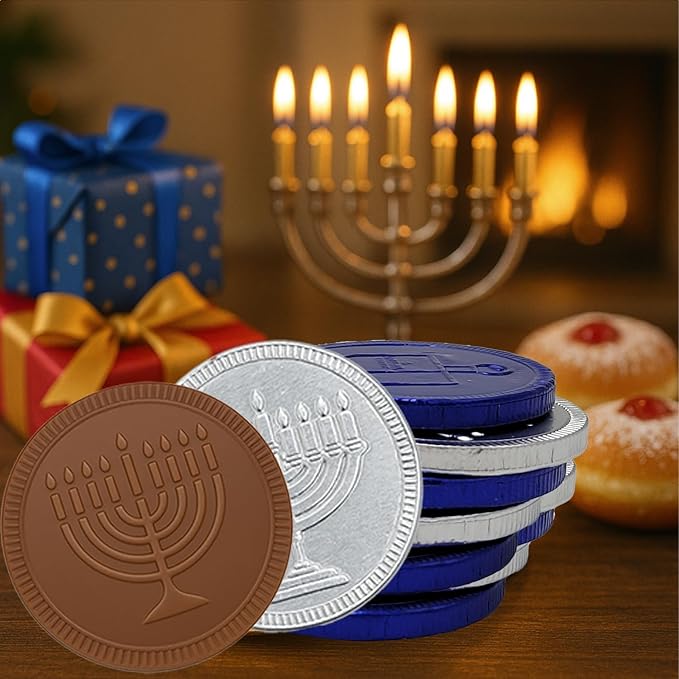 The Dreidel Company Blue & Silver Hanukkah Milk Chocolate Coins, Hanukkah Design Gelt, Gluten Free, Non GMO, Kosher Certified OU-D (200-Pack)