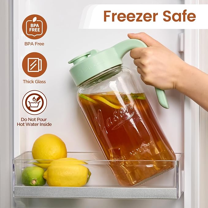 Mason Jar Pitcher with Tea Filter, Airtight & Leakproof Glass Pitcher with Lid, 64 oz Sun Tea Glass Jar for Outside, Perfect for Sun Tea, Lemonade, and iced Tea