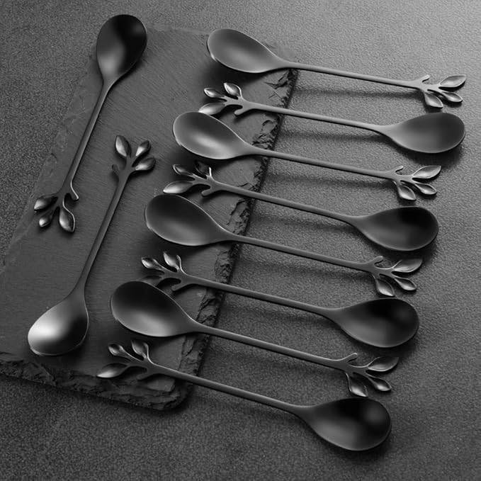 AnSaw 8-Pack Elegant Black Leaf 4.7" Espresso Spoons - Stainless Steel, Perfect for Coffee, Demitasse, Dessert & Tea, Mini Size for Small Servings