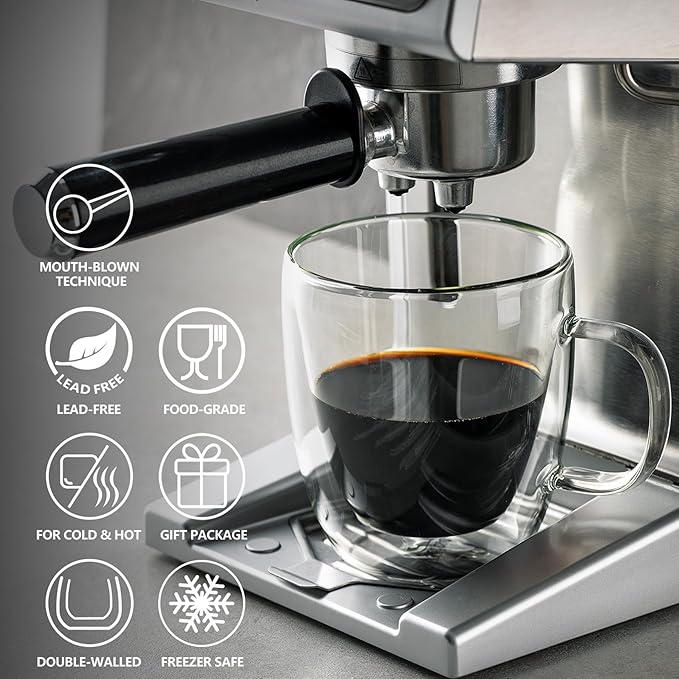 Sweese 12.5 oz Double Wall Glass Coffee Mugs Set of 2 - Insulated for Espresso, Latte, Tea Beverages