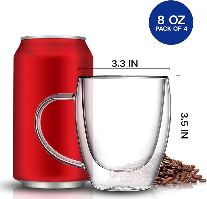 Set of 4 Double Walled Glass Coffee Mugs 8 Ounces Insulated Layer Coffee Cups with Handle Borosilicate Glass Espresso Cup for Hot Beverage,Cappuccino,Tea,Latte,Wine,Microwave Safe