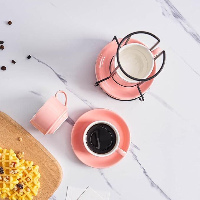 YOLIFE 2.5oz Porcelain Stackable Espresso Cups with Saucers and Metal Stand Set of 4, Stackable Cappuccino Cups, Pink Expresso Shots Cup Set for Coffee Drinks, Latte, Tea