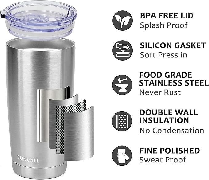 SUNWILL Travel Coffee Tumbler 20 oz, Stainless Steel Mug with Lid, Insulated Cup for Water, Tea, Hot and Cold Drinks, Silver