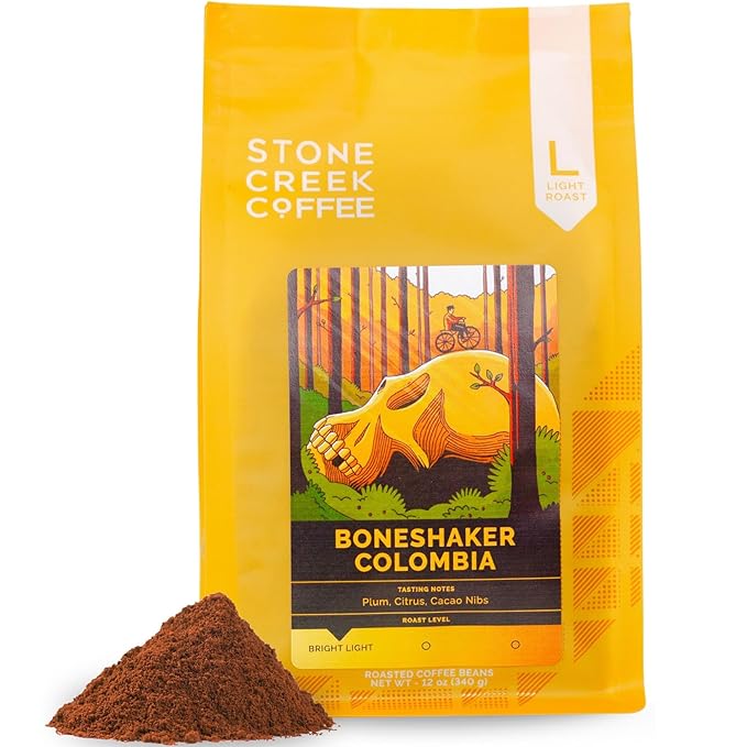 Stone Creek Coffee Light Roast Ground Coffee – 12 Ounce (Pack of 1) – Smooth Specialty Fresh Roasted Coffee Beans with Juicy and Citrus Tasting Notes, Boneshaker Colombia