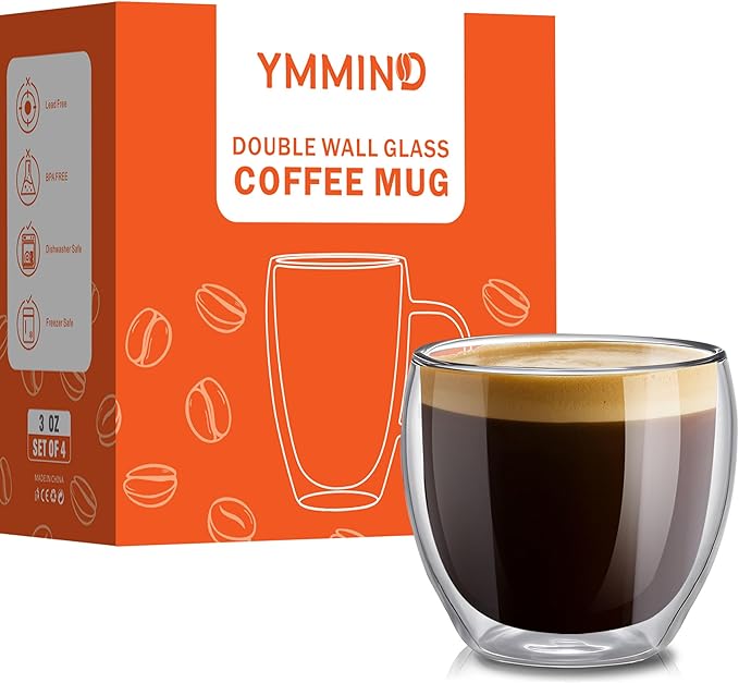 Set of 4 Double Walled Glass Coffee Mugs 3 Ounces Insulated Layer Coffee Cups Borosilicate Glass Espresso Cup for Hot Beverage,Cappuccino,Tea,Latte,Wine,Microwave Safe