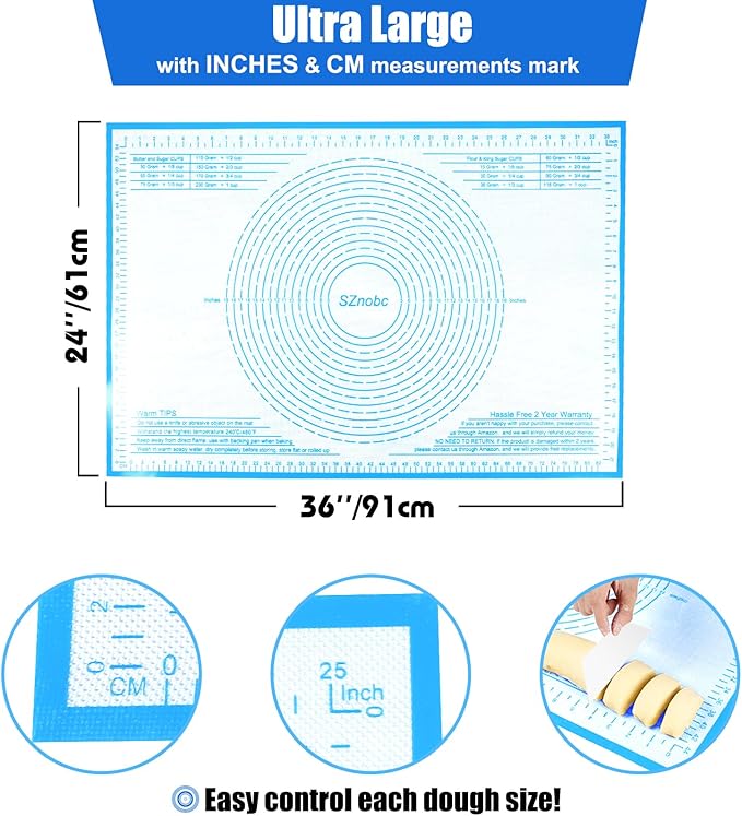 Silicone Pastry Mat 36'' By 24'' Extra Large Baking Mat with Measurements for Dough Rolling, Kneading Board, Kitchen Counter Mats for Dough, Pastry, Fondant, Pie Crust, Cookies, Bread, Pasta, Pizza