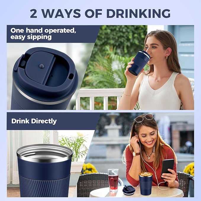 Volhoply 13 oz Stainless Steel Insulated Travel Coffee Mug with Fip Lid Bulk 2 Pack,Reusable Double Wall Vacuum Metal Coffee Cup,Portable Leak Proof Thermal Tumbler for Hot & Cold Drinks(Navy,2)