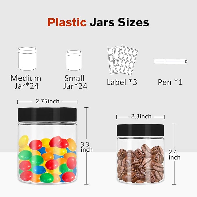 Plastic Jars with Lids 48 Pcs 8 oz & 3.4 oz Clear Plastic Slime Storage Jars Containers with Airtight Black Screw On Lids Cylinder Clear Round Jar Easy Clean Food Grade Durable Jar