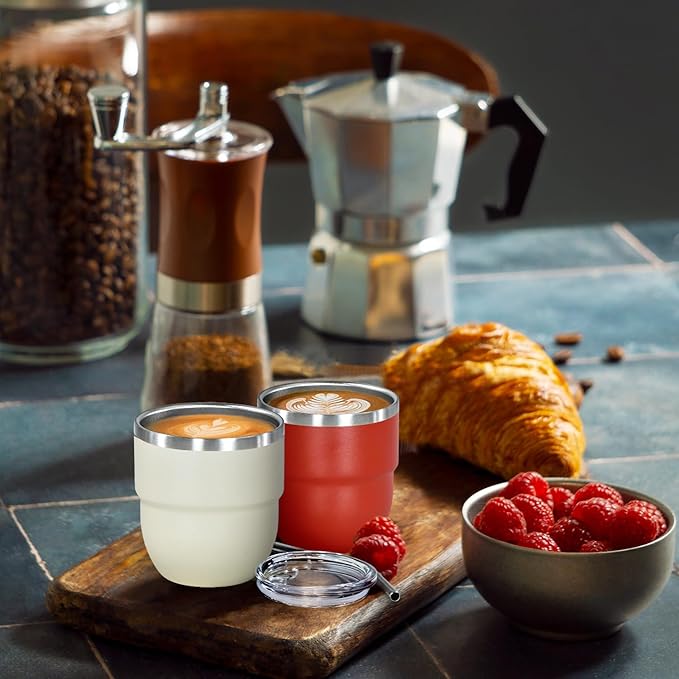 4oz Stackable Cup, Vacuum Insulated Espresso Cup Set of 6, Espresso Shot Cup for Coffee, Double Wall Stainless Steel Mini Tumbler Shot Glasses with Straw and Lid (A-mixed6P, 4oz)