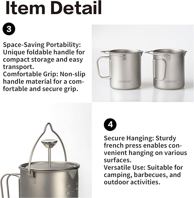 Titanium French Press Pot 750mL/25 fl oz Coffee Maker Camping with Lid and Filter Titanium French Press Cup Backpacking for Outdoor Hiking Camp