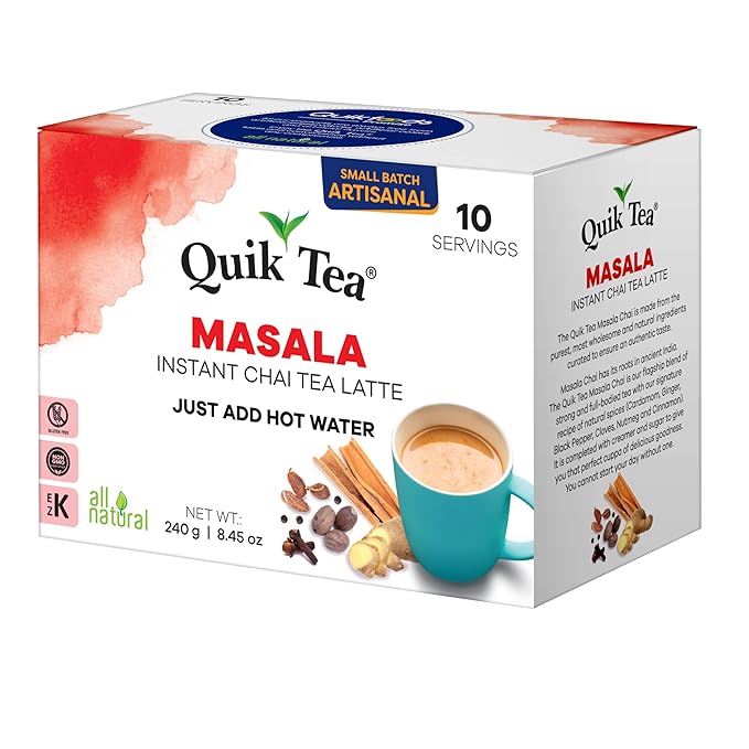 QuikTea Masala Chai Tea Latte – 10 Count, Bold Masala Flavor, Naturally Caffeine-Light, No Preservatives – Just Add Hot Water