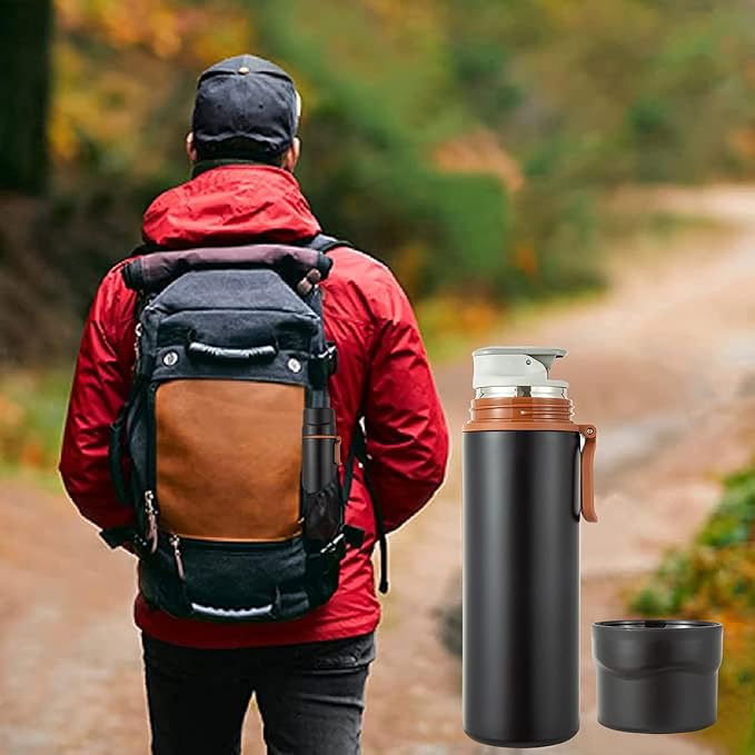 Insulated Water Bottle-Stainless Steel Vacuum Coffee Cup with Handle,Flask Double Walled Sport Travel Mug with Leakproof Lid,Keep Hot & Cold 12 Hours BPA Free 15oz(Black)