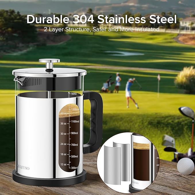 QUQIYSO French Press Coffee Maker 51oz 304 Stainless Steel French Press with 4 Filter, Borosilicate Glass Coffee Press