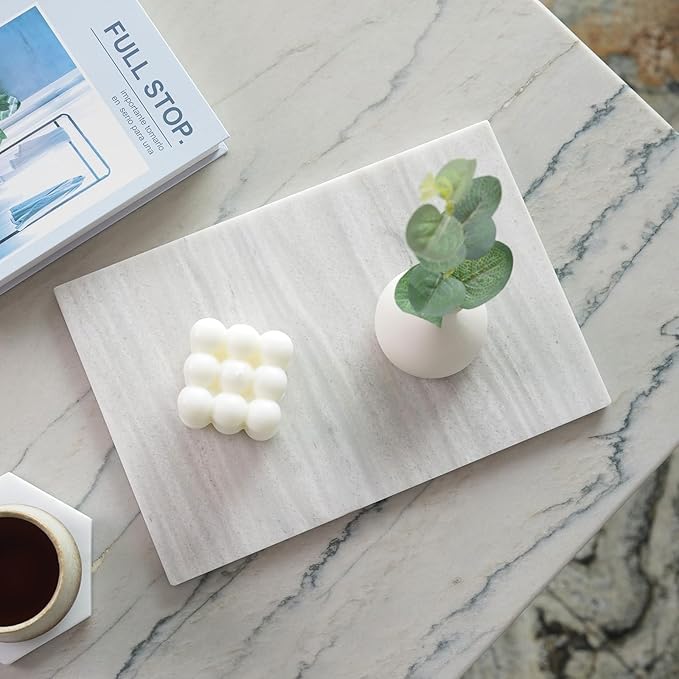 Koville Natural Marble Cutting Board for Kitchen Countertop, 12" x 8" Pastry Bread Macaron Display Board, Real Stone Slab Marble Cheese Boards, Bathroom Perfume Tray Candle Plate(Nestos White)