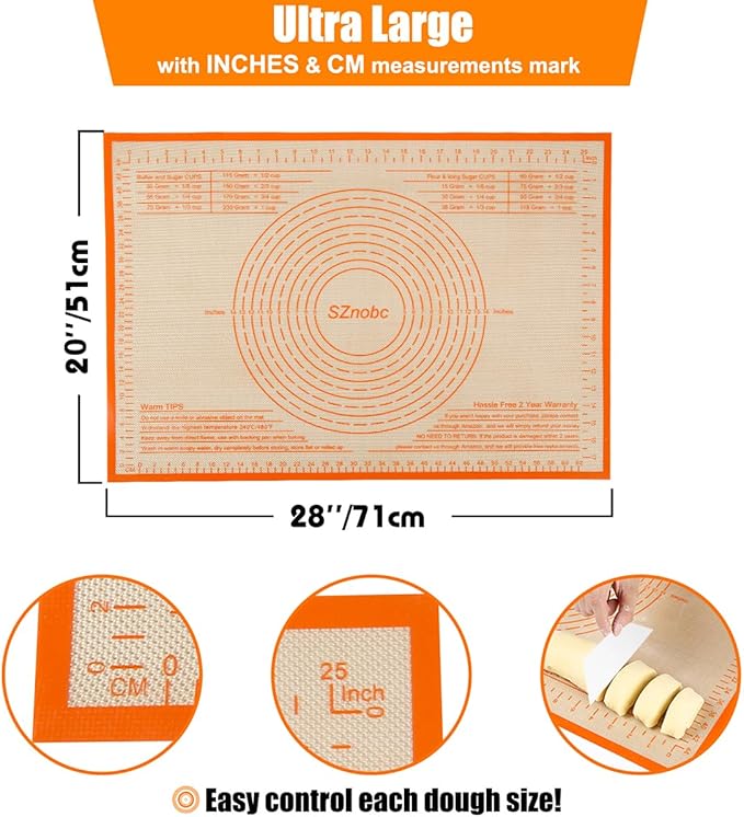 Non-slip Silicone Pastry Mat 28X20 inches Baking Mat with Measurement, Perfect for Dough, Pastry, Pie Crust, Fondant, Cookies, Bread, Pasta, Pizza, Food Grade Kitchen Counter Mats