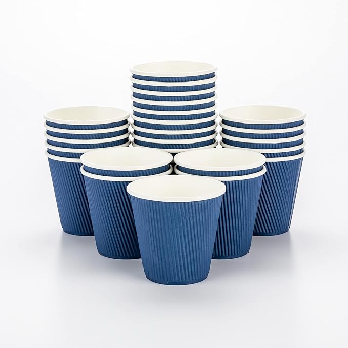 Restaurantware 8 Ounce Double Wall Disposable Coffee Cups, 500 Insulated Dark Blue Paper Tumblers Ripple Wall Design, Lids Sold Separately for Hot Drinks like Tea, Hot Chocolate, and More