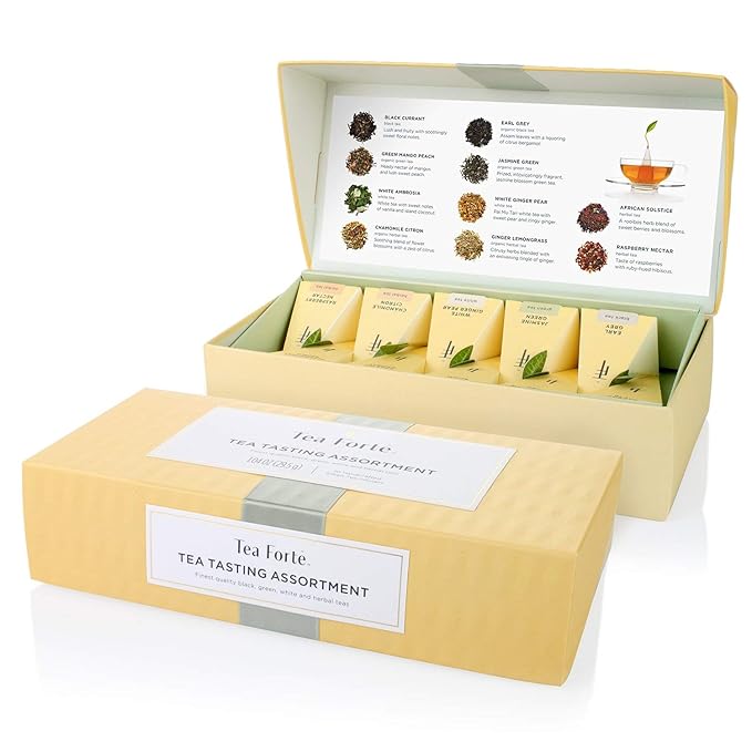 Tea Forte Tea Tasting Assortment Premium Petite Presentation Box Gift Set Sampler, 10 Count, 1 of Each Variety Individually Wrapped Handcrafted Pyramid Infuser Bags