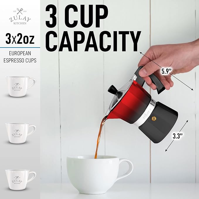 Zulay Kitchen Stovetop Espresso Maker - Moka Pot 3 Espresso Cups - Percolator Coffee Maker for Classic Cuban & Italian Style Espresso - Portable Coffee Maker for Camping & Travel - (Red/Black)
