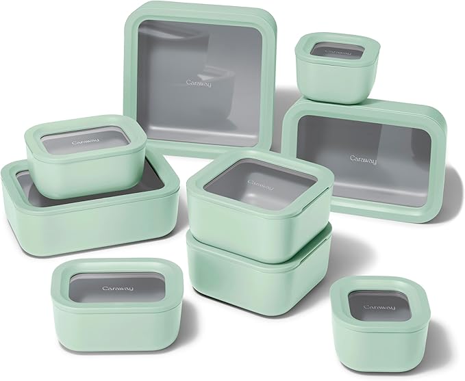 Caraway 25pc Glass Food Storage Set - Glass Storage Containers for Food - Non-Toxic Ceramic-Coated Glass - Air Release Technology - Compact & Stackable Design - Mist