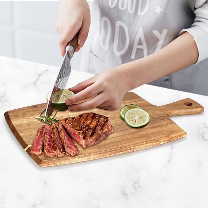 Best Acacia Wood Cutting Board with Handle Wooden Charcuterie Board Kitchen Chopping Boards for Bread Meat Cutting boards Fruit Cheese Serving Board Butcher Block Carving Board, 17" x 10"