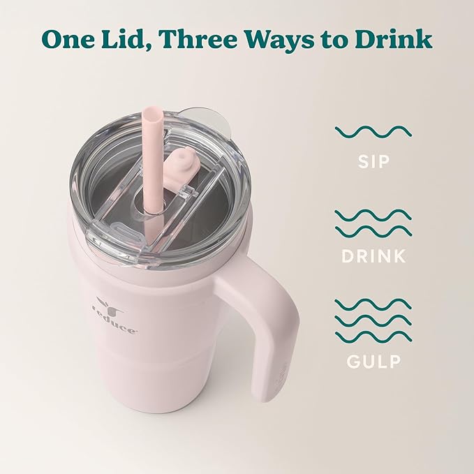 REDUCE 24 oz Stainless Steel Tumbler with Handle - Dual-Wall Vacuum Insulated Travel Mug, Sweat-Proof Lid & Reusable Straw - Keeps Drinks Cold for 24 Hrs, Fits Cupholders, Dishwasher Safe-Pink Cotton