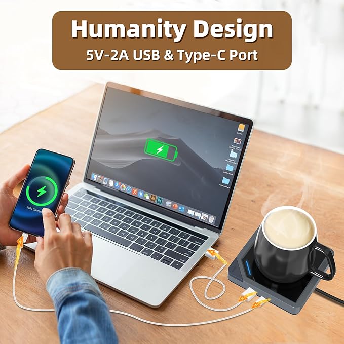 Coffee Mug Warmer with 2 USB Charging Ports: Auto Shut-Off Candle Wax Warmer - Heated Beverage Coffee Accessories for Home Office Desk - U1 Gray