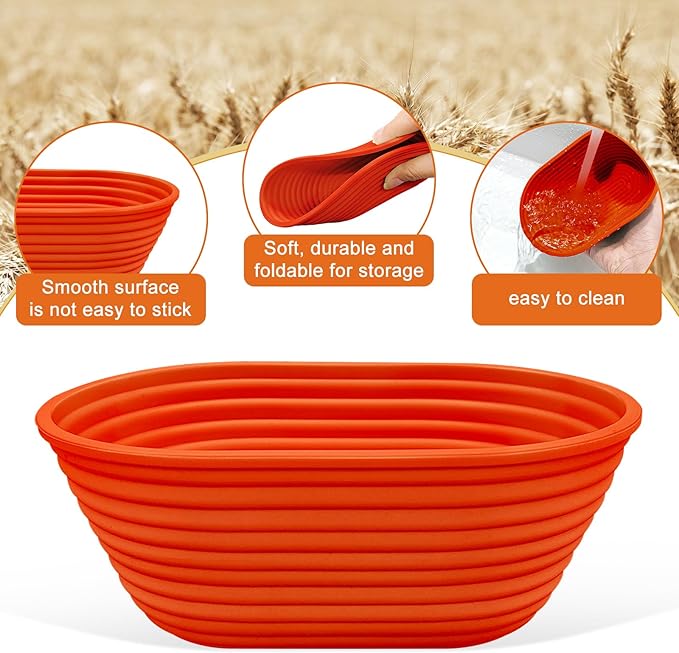 Silicone Banneton, Sourdough Bread Baskets (Set of 6, 6.5 Inch), Oval Proofing Bread Bowls with Starter Kit, Bread Making Baking Supplies
