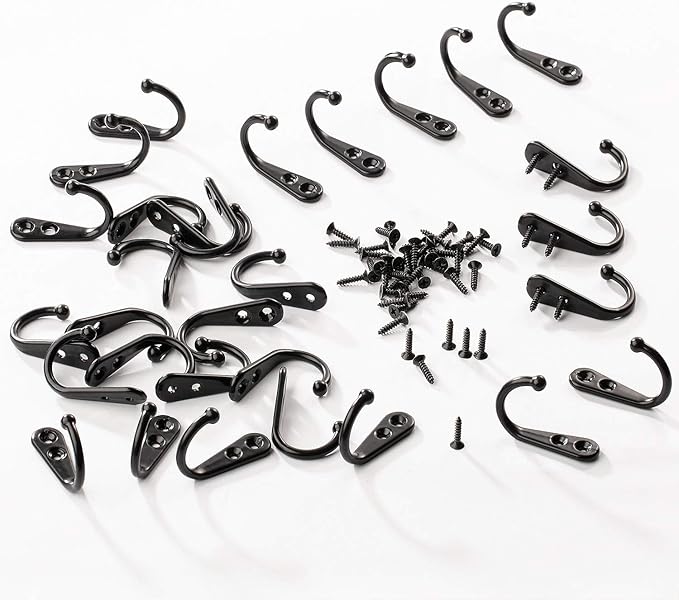Yangbaga 30Pcs Wall Hooks for Hanging-Large Metal Coat Hooks with 60 Pieces Screws,Black Heavy Duty Wall Mounted Hook for Door Hook,Purse,Towel, Key, Robe, Coats, Scarf, Bag, Cap, Coffee Mugs
