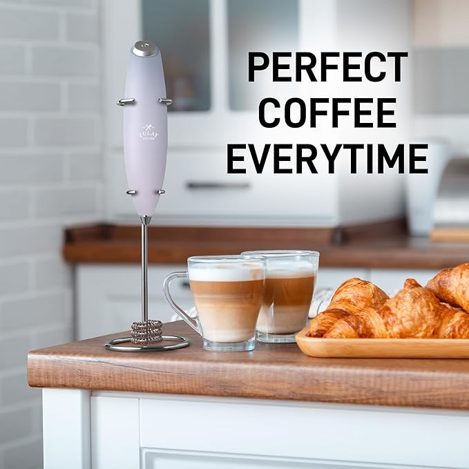 Zulay Kitchen Tornado Whisk Milk Frother with 4 AA Duracell Batteries - Triple Whisk for More Power - Handheld Coffee Frother with Stand - Drink Mixer for Lattes, Matcha & Protein Shakes