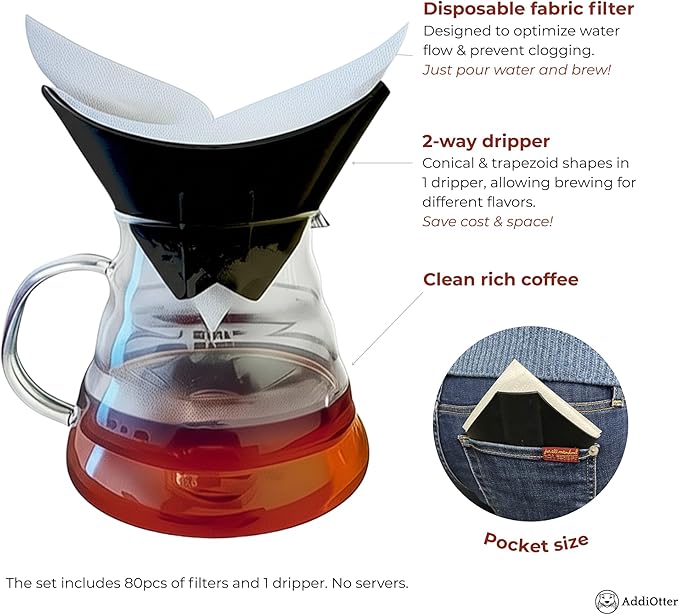 Pour-over Coffee Set Fit for 1-2 Cup Coffee Brewing at Home/Outdoors, Includes 1 Two-way Dripper & 80 Disposable Fabric Coffee Filters, Flip-and-use Dripper with Cone & Trapezoid Shape