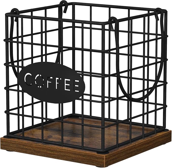 YINMIT K Cup Holder Organizer, Rustic Coffee Pod Holder Organizer, 35 Kcup Holder for Counter with Handle，Large Capacity Black Wire Coffee Capsule Basket for Kitchen Office Desktop (Square Grid)