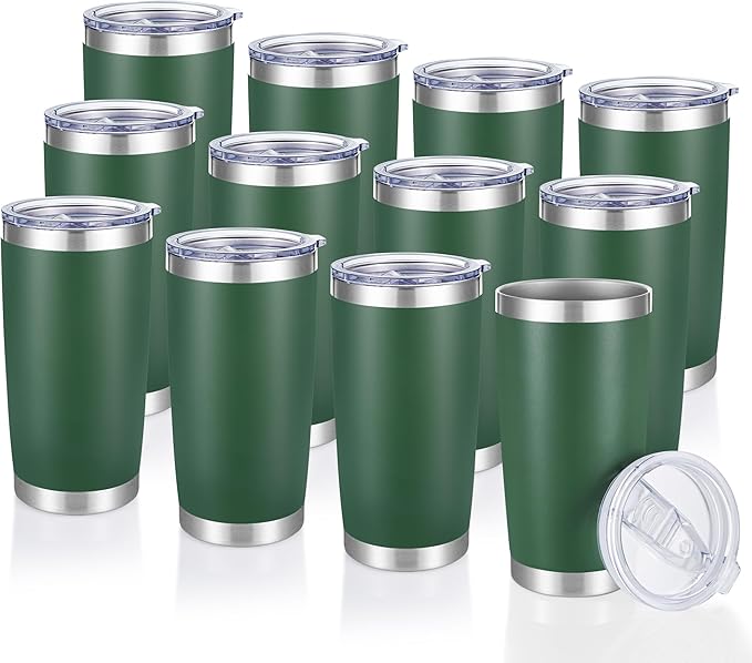 20 oz Tumblers Bulk Stainless Steel Tumbler with Lid Double Wall Vacuum Insulated Coffee Mug 20oz Powder Coated Cup for Hot and Cold Drinks, Dark Green, 12 pack