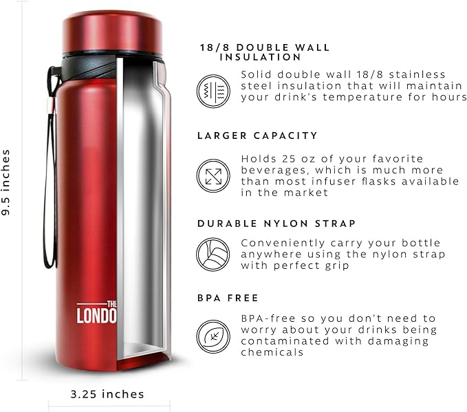 London Sip 25 oz Multi-Function Travel Mug and Tumbler Tea Infuser Water Bottle Fruit Infuser Flask Hot and Cold Double Wall Stainless Steel Coffee Thermos, Sacred Red, Pack of 2