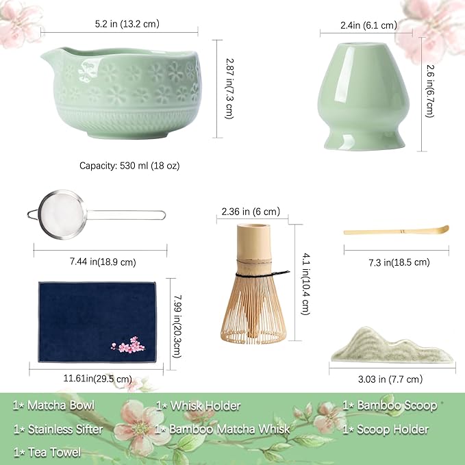Matcha Whisk Set, Ceramic Matcha Set Includes Matcha Bowl, Matcha Whisk and Holder, Bamboo Scoop, Scoop Rest, Sifter and Tea Towel - 7 Pcs Matcha Kit for Matcha Lovers (Green)