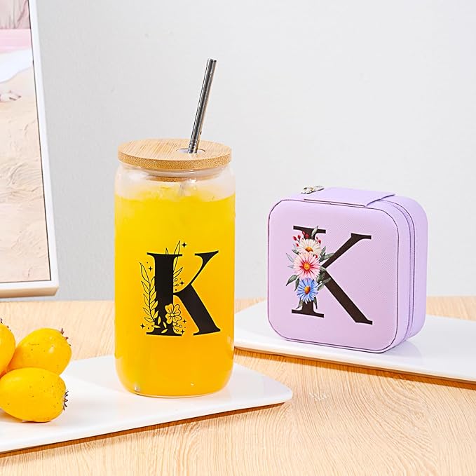 AYGXU Initial Glass Cup - Personalized Birthday & Graduation Gifts for Her, 16oz Tumbler with Small Jewelry Organizer Box, Purple