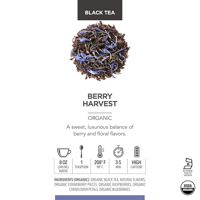 Teabloom Organic Fruity Black Tea, Berry Harvest Loose Leaf Tea, USDA Certified Organic & Kosher, Fresh Whole Leaf Blend in Reusable Gift Canister, 2.82 Ounce Loose Leaf Tea Canister Makes 35-50 Cups