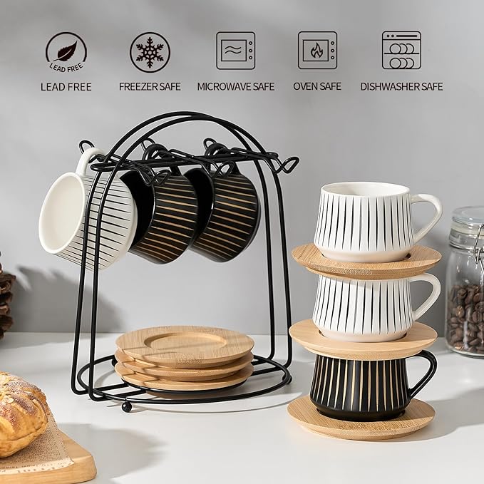 LUKA Ceramic Coffee Espresso Cups with Saucers Set with Metal Holder, 4 oz Porcelain Demitasse Cups For Espresso, Latte, Coffee, Cafe Mocha, Tea, Set of 6, Stripe White & Black