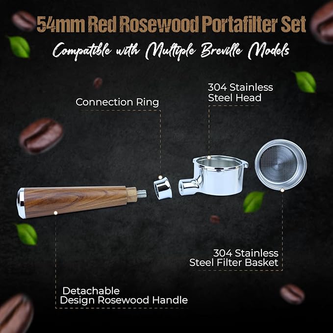 54mm Bottomless Portafilter 3 Ears Red Rosewood Handle Set – Fits 54mm Breville machines – Includes 18g Filter Basket, Updated Tamper with Constant 30lb Calibrated Spring Loaded & 1.7mm Puck Screen