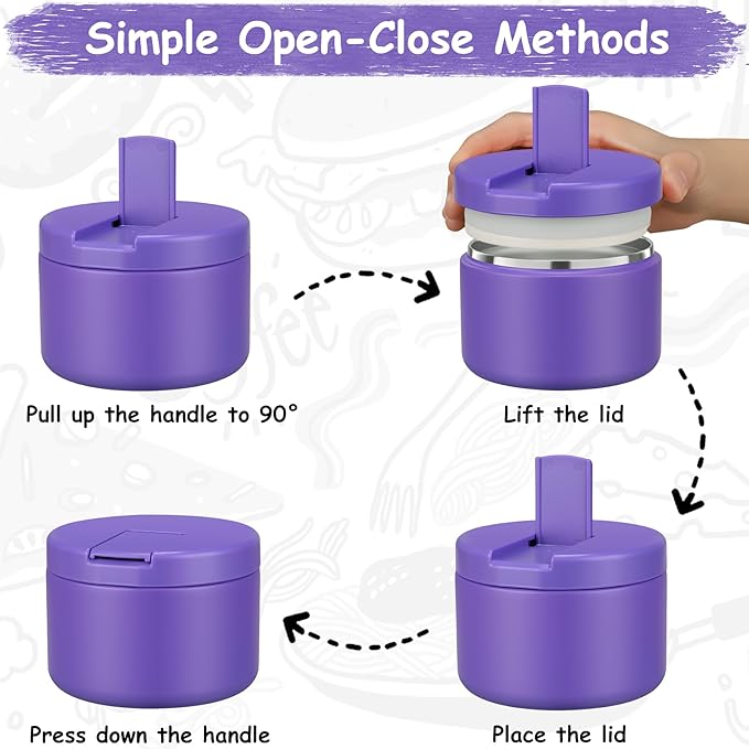 12oz Insulated Vacuum Food Jar with Buckle Lid Wide Mouth Soup Thermo for Hot Food Kids Leakproof Stainless Steel Lunch Container (Purple, 12OZ)